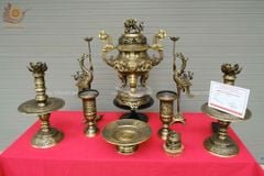 Bộ Ngũ Sự Bằng Đồng Vàng Cao 60 Rồng Màu 2 CN + Ống Hương + Mâm