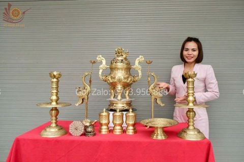 Bộ Ngũ Sự Bằng Đồng Vàng Cao 60 Rồng Vàng Mộc +Mâm Bồng 30+ Ba Đài 10
