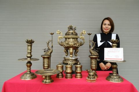 Bộ Ngũ Sự Bằng Đồng Vàng Cao 60 Rồng Màu 2 CN + Bộ Ba Đài+ Ống Hương+ Mâm bồng