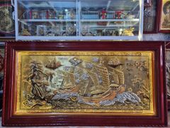 Tranh Thuận Buồm Xuôi Gió Kích Thước 230x 120  Đồng Vàng/Đỏ Xước Dát  - Khung Sồi Trơn
