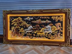 Tranh Mã Đáo Thành Công Kích Thước 230 x120  Đồng Đỏ  Nền Đen Dát Vàng - Khung Sồi Đục Hoa Văn Dát Vàng Khung