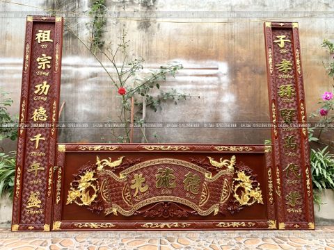 Bộ Hoành Phi Câu Đối Gỗ Hương Đỏ Đức Lưu Quang Giả Cổ Dát Vàng Hoành Phi 155*61*4 - Câu Đối 155*28*4