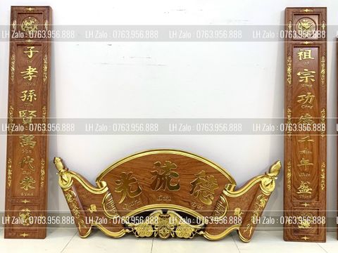 Cuốn Thư Câu Đối Gỗ Nguyên Khối 100% Đức Lưu Quang Dát Vàng Kích Thước Cuốn Thư 175*67*5 - Câu Đối 175*28*4 Gỗ Hương Đá