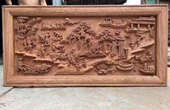 Tranh Gỗ Đồng Quê - Gỗ Hương Đá  - Khung Hoa Văn - Đục Tay- Dày 6cm