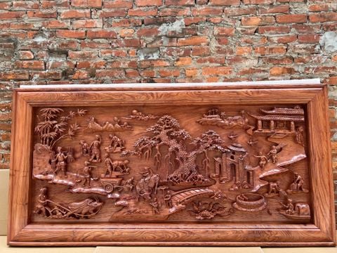Tranh Gỗ Đồng Quê - Gỗ Hương Đá  - Khung Hoa Văn - Đục Tay- Dày 6cm