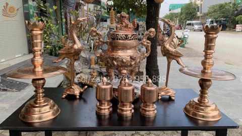 Bộ Ngũ Sự Bằng Đồng Đỏ Cao 60 Song Long Chầu Mặt Nguyệt Đồng Đỏ Mộc + Bộ Ba Đài 10