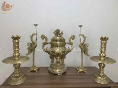 Bộ Ngũ Sự Bằng Đồng Vàng Cao 70 Song Long Chầu Nguyệt Màu Vàng Mộc