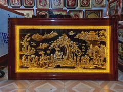 Tranh Vinh Quy Bái Tổ  Kích Thước 170 x 90 Đồng Vàng Nền Đen Dát Vàng - Khung Sồi Đục Trơn