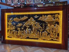 Tranh Vinh Quy Bái Tổ  Kích Thước 170 x 90 Đồng Vàng Nền Đen Dát Vàng - Khung Sồi Đục Trơn