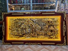 Tranh Vinh Quy Bái Tổ  Kích Thước 230 x120  Đồng Vàng Xước Dát Vàng - Khung Sồi Đục Hoa Văn, Dát Vàng Khung