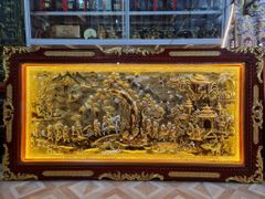 Tranh Vinh Quy Bái Tổ  Kích Thước 230 x120  Đồng Vàng Xước Dát Vàng - Khung Sồi Đục Hoa Văn, Dát Vàng Khung