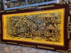 Tranh Vinh Quy Bái Tổ  Kích Thước 230 x120  Đồng Vàng Xước Dát Vàng - Khung Sồi Đục Hoa Văn, Dát Vàng Khung