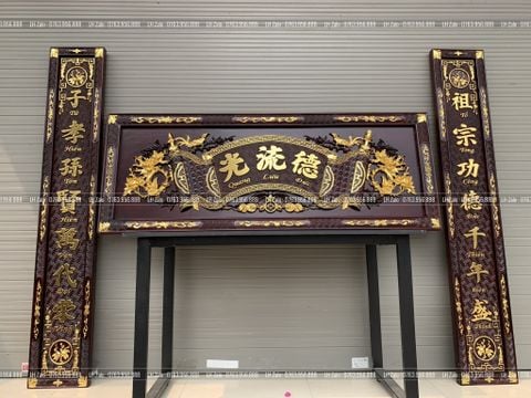 Bộ Hoành Phi Câu Đối Gỗ Hương Đỏ Đức Lưu Quang Giả Cổ Dát Vàng Hoành Phi 197*68*4 - Câu Đối 197*28*4