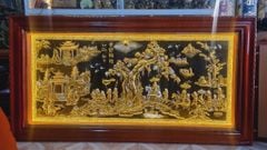 Tranh Vinh Quy Bái Tổ  Kích Thước 170 x 90 Đồng Vàng Nền Đen Dát Vàng - Khung Sồi Đục Trơn
