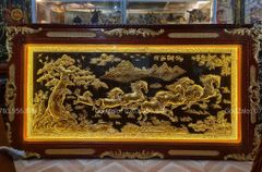 Tranh Mã Đáo Thành Công Kích Thước 170 x90  Đồng Vàng  Nền Đen Dát Vàng - Khung Sồi Đục Hoa Văn Dát Vàng Khung