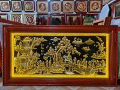 Tranh Vinh Quy Bái Tổ  Kích Thước 170 x 90 Đồng Vàng Nền Đen Dát Vàng - Khung Sồi Đục Trơn