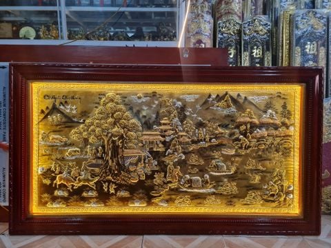 Tranh Cội Nguồn Quê Hương  Kích Thước 230 x  120 - Đồng Vàng Dát Vàng - Khung Gỗ Sồi Nga, Đục Trơn