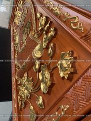 Bộ Hoành Phi Câu Đối Gỗ Hương Đỏ Đức Lưu Quang Hoa Sen Nguyên Khối Dát Vàng Hoành Phi 197*68*4 - Câu Đối 197*28*4