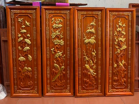 Tranh Gỗ Tứ Quý - Gỗ Hương Đỏ  - Kích Thước 107*37*3