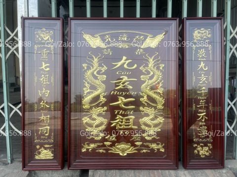 Tranh Thờ Cửu Huyền Thất Tổ Gỗ Kích Thước 150*120 Cm Gỗ Hương Đỏ Khung Kính - Màu Giả Cổ