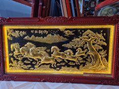 Tranh Mã Đáo Thành Công Kích Thước 230 x120  Đồng Vàng  Nền Đen Dát Vàng - Khung Sồi Đục Hoa Văn