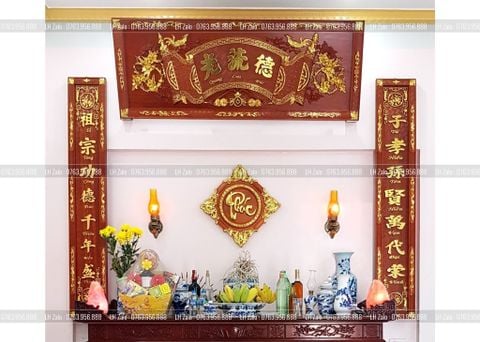 Bộ Hoành Phi Câu Đối Gỗ Hương Đỏ Đức Lưu Quang Tích Mai Điểu Dát Vàng Hoành Phi 175*67*4 - Câu Đối 175*28*4