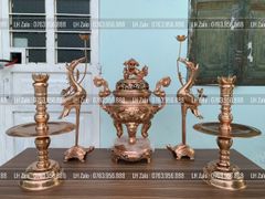 Đỉnh Đồng Ngũ Sự Bằng Đồng Đỏ Mộc Nguyên Khối Song Long Chầu Nguyệt Cao 60 Cm