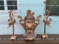 Đỉnh Đồng Ngũ Sự Bằng Đồng Đỏ Mộc Nguyên Khối Song Long Chầu Nguyệt Cao 50 Cm