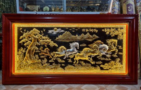 Tranh Mã Đáo Thành Công  Kích Thước 170 x90  Đồng Vàng Nền Đen Dát  - Khung Sồi Trơn