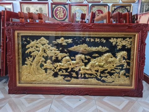 Tranh Mã Đáo Thành Công  Kích Thước 170 x90  Đồng Vàng Nền Đen Dát  - Khung Sồi Đục Hoa Tây