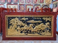 Tranh Mã Đáo Thành Công  Kích Thước 170 x90  Đồng Vàng Nền Đen Dát  - Khung Sồi Đục Hoa Tây