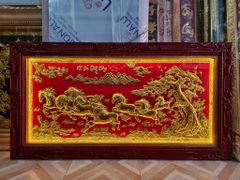 Tranh Mã Đáo Thành Công  Kích Thước 170 x90  Đồng Vàng Nền Đỏ Dát  - Khung Sồi Đục Hoa Văn