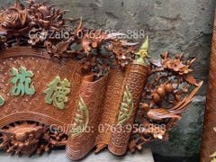 Cuốn Thư Câu Đối Gỗ Gụ Song Long Kích Thước Cuốn Thư 140*61*4 - Câu Đối 155*28*4 Mẫu chữ Đức Lưu Quang