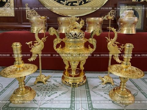 Đỉnh Đồng Ngũ Sự Bằng Đồng Dát Vàng Song Long Chầu Nguyệt Cao 60 Cm