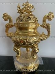 Đỉnh Đồng Ngũ Sự Bằng Đồng Dát Vàng Song Long Chầu Nguyệt Cao 60 Cm