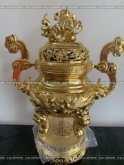 Đỉnh Đồng Ngũ Sự Bằng Đồng Dát Vàng Song Long Chầu Nguyệt Cao 60 Cm