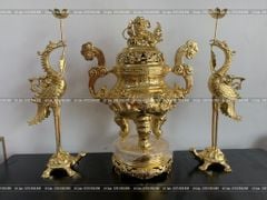 Đỉnh Đồng Ngũ Sự Bằng Đồng Dát Vàng Song Long Chầu Nguyệt Cao 60 Cm