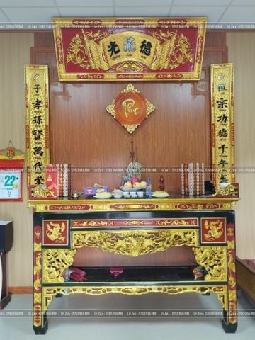 Bộ Hoành Phi Câu Đối Gỗ Hương Đỏ Đức Lưu Quang Sơn Son Thếp Vàng Hoành Phi 175*67*4 - Câu Đối 175*28*4