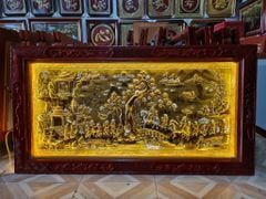 Tranh Vinh Quy Bái Tổ  Kích Thước 170 x 90 Đồng Vàng Xước Dát Vàng - Khung Sồi Đục Hoa Văn