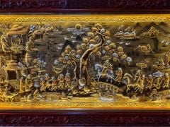 Tranh Vinh Quy Bái Tổ  Kích Thước 170 x 90 Đồng Vàng Xước Dát Vàng - Khung Sồi Đục Hoa Văn