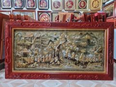 Tranh Vinh Quy Bái Tổ  Kích Thước 170 x 90 Đồng Vàng Xước Dát Vàng - Khung Sồi Đục Hoa Văn