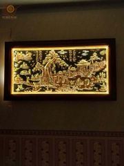 Tranh Đồng Quê Kích Thước 230 x 120 - Đồng Đỏ Nền Đen Dát Vàng - Khung Gỗ Sồi Nga, Đục Trơn