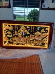Tranh Đồng Quê Kích Thước 230 x 120 - Đồng Đỏ Nền Đen Dát Vàng - Khung Gỗ Sồi Nga, Đục Trơn