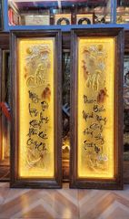 Tranh Đồng Quê Kích Thước 230 x 120 - Đồng Đỏ Nền Đen Dát Vàng - Khung Gỗ Sồi Nga, Đục Trơn + Tranh Cha Mẹ Kích Thước 40x 120