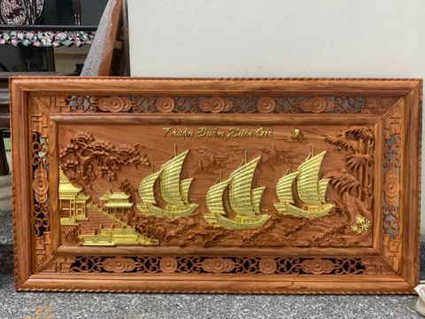 Tranh Gỗ Thuận Buồm Xuôi Gió - Gỗ Hương Đá - Kích Thước 127*67- Hai Khung, Dày 4cm