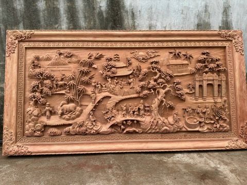 Tranh Gỗ Đồng Quê - Gỗ Hương Đá  - Khung Hoa Văn - Đục Tay- Dày 6cm