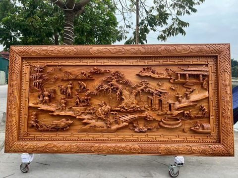 Tranh Gỗ Đồng Quê - Gỗ Hương Đá  - Khung Hoa Văn - Đục Tay- Dày 6cm