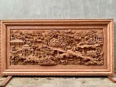 Tranh Gỗ Đồng Quê - Gỗ Hương Đá  - Khung Hoa Văn - Đục Tay- Dày 9cm