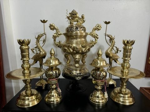 Bộ Ngũ Sự Bằng Đồng Cát Tút  Song Long Chầu Nguyệt Cao 60 Catut+ Đèn Thờ Cao 43cm