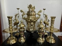 Bộ Ngũ Sự Bằng Đồng Cát Tút  Song Long Chầu Nguyệt Cao 60 Catut+ Đèn Thờ Cao 43cm